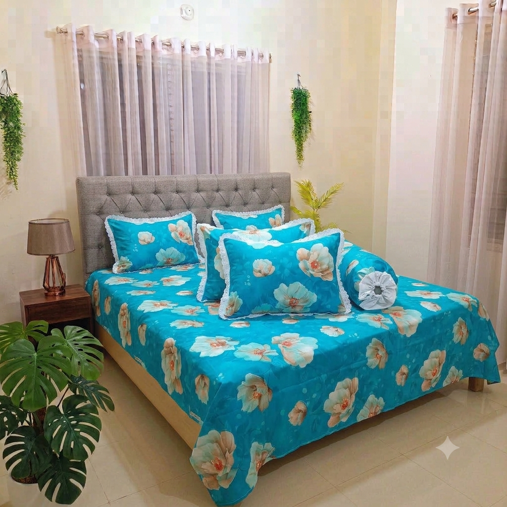 Royal Blue Floral Lace King Size Bedsheet Set