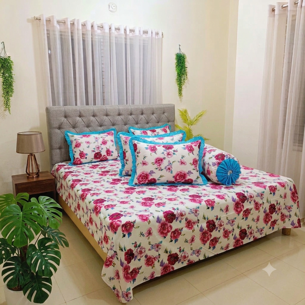 Rose Blossom Premium King Size Lace Bedsheet Set