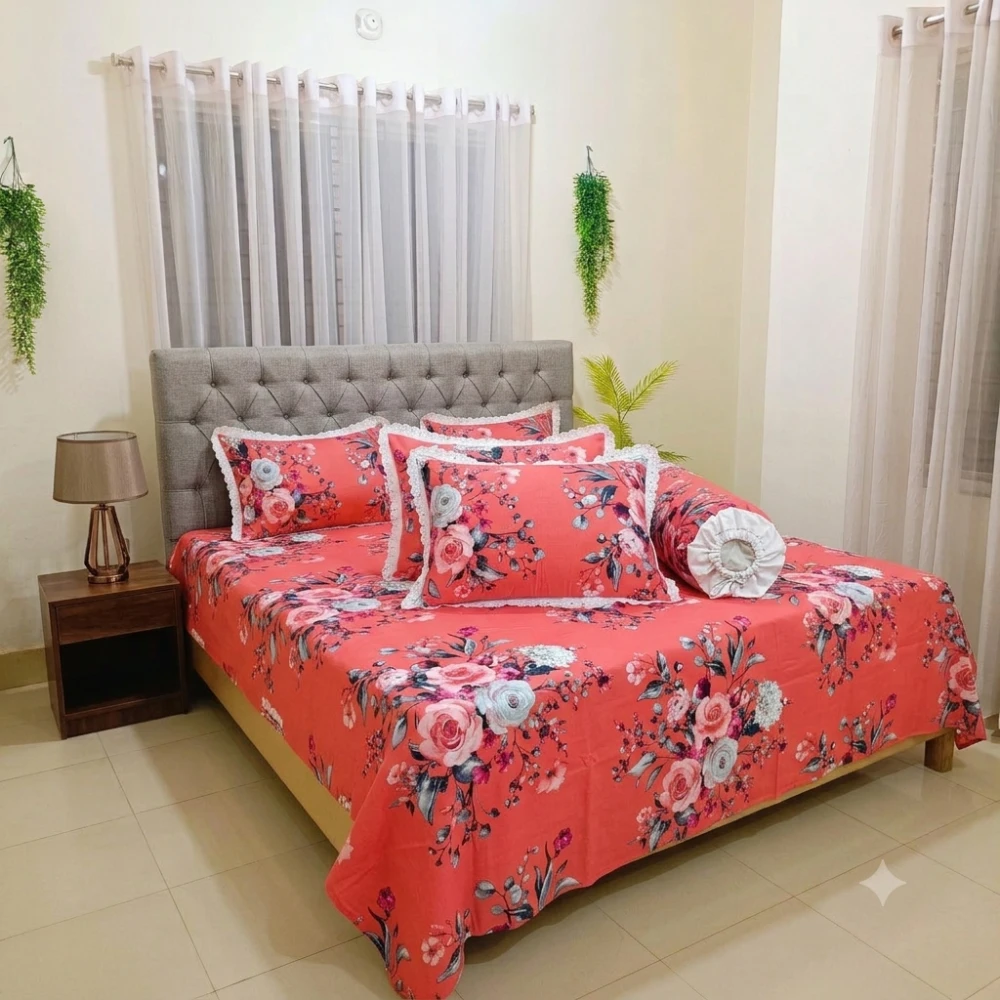 Coral Rose Premium King Size Lace Bedsheet Set