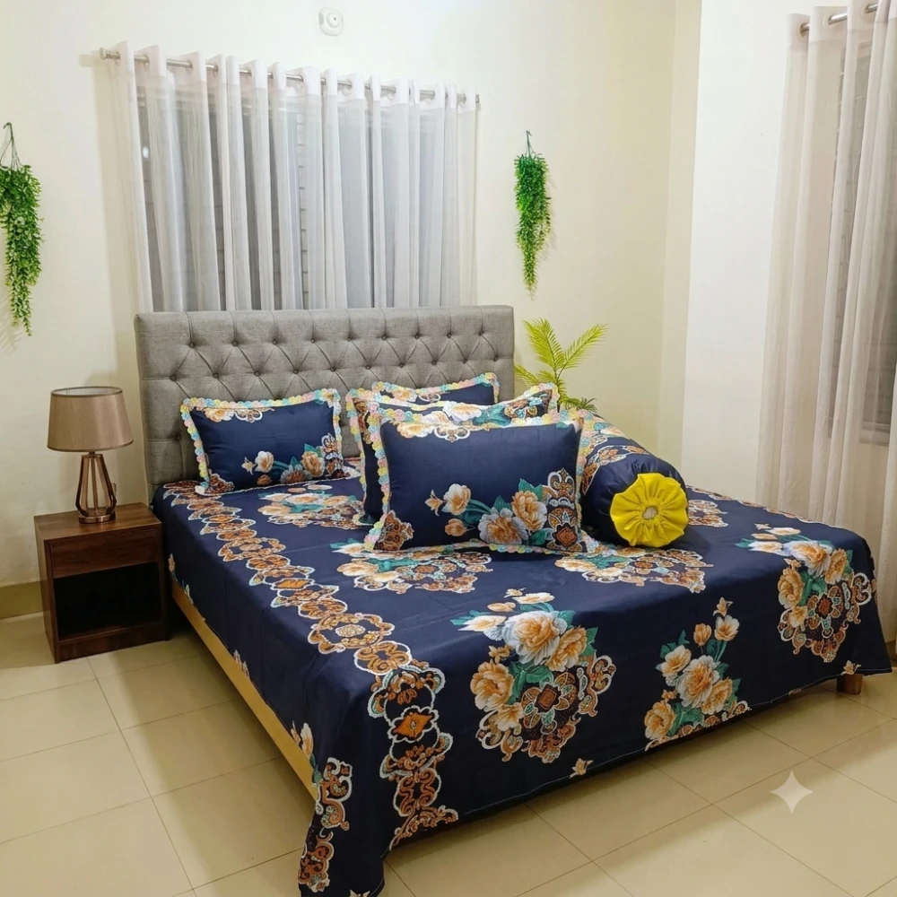 Royal Navy Blossom Premium King Size Lace Bedsheet Set