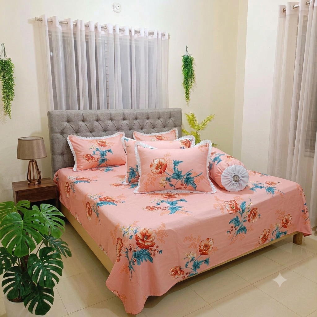 Peach Blossom Premium King Size Lace Bedsheet Set