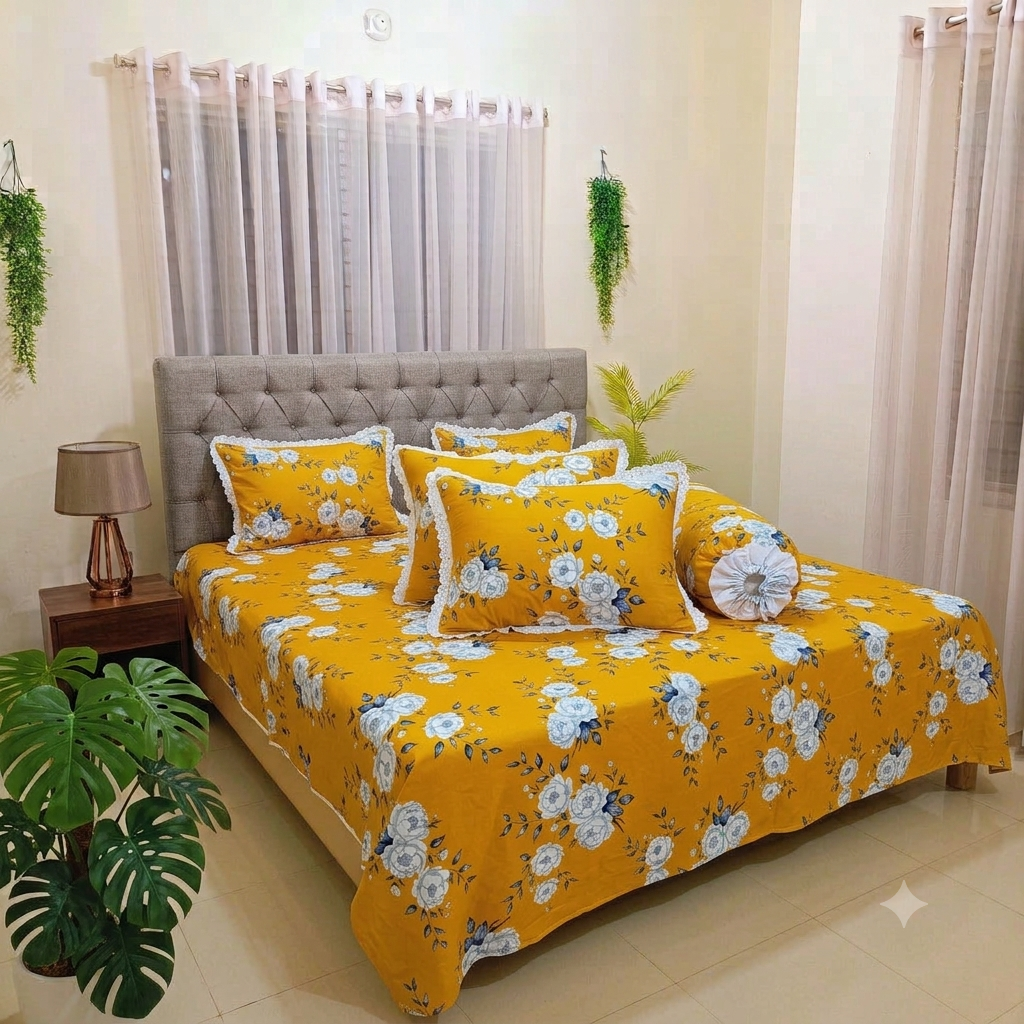 Golden Mustard Floral Lace Bedsheet Set