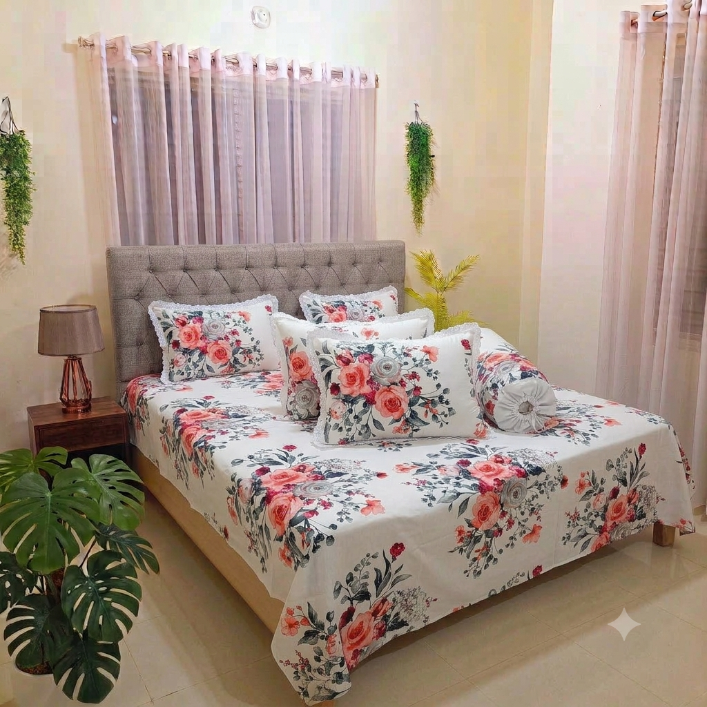Rose Elegance Premium King Size Lace Bedsheet Set