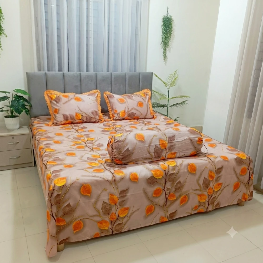 Golden Autumn Leaves Premium Cotton Bedsheet Set with Lace Pillow Covers (01)