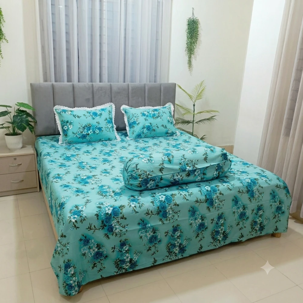 Cyan Blue Garden Dream Premium Cotton Bedsheet Set with Lace Pillow Covers (02)