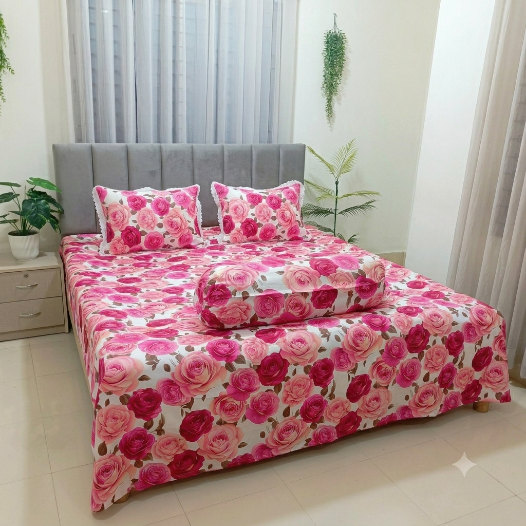 Rose Garden Romance Premium Cotton Bedsheet Set with Lace Pillow Covers (03)