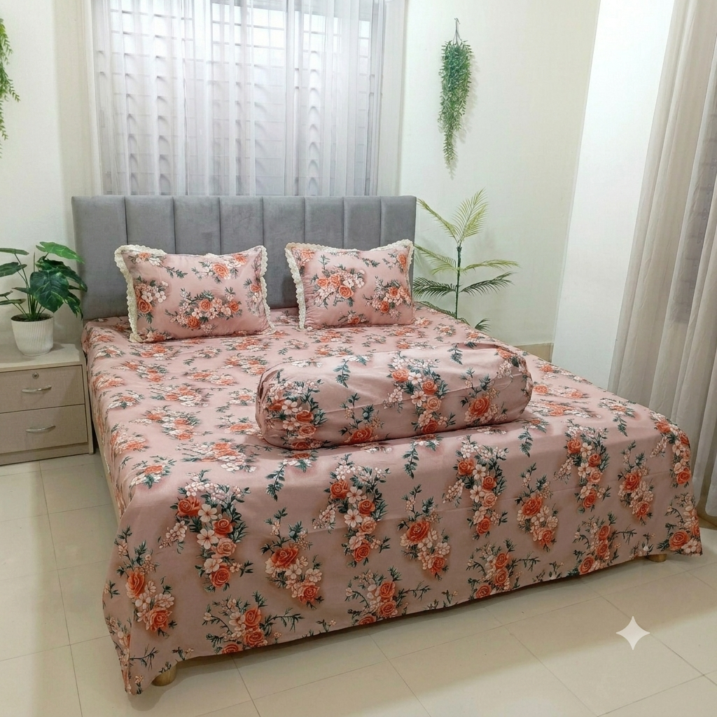 Rose Dust Blossom Premium Cotton Bedsheet Set with Lace Pillow Covers (04)