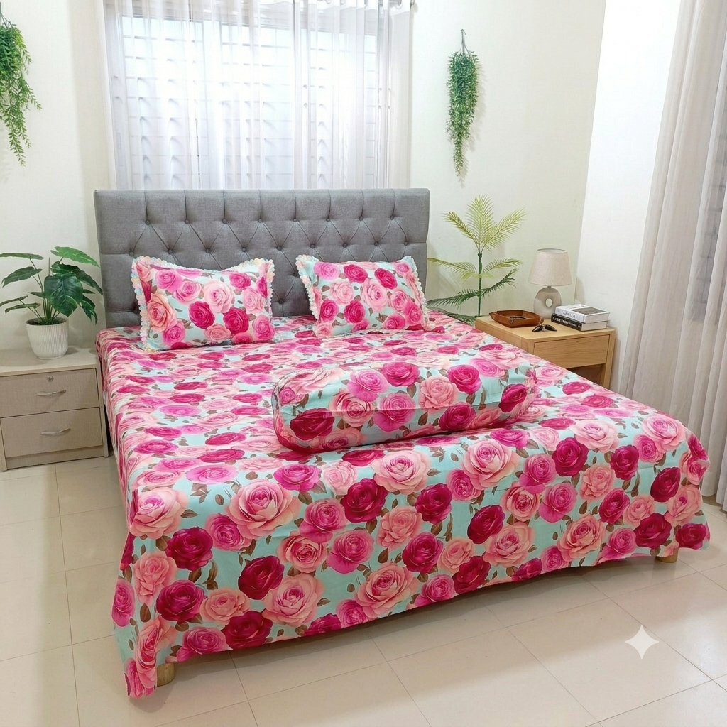 Magenta Rose Dream Premium Cotton Bedsheet Set with Lace Pillow Covers (05)