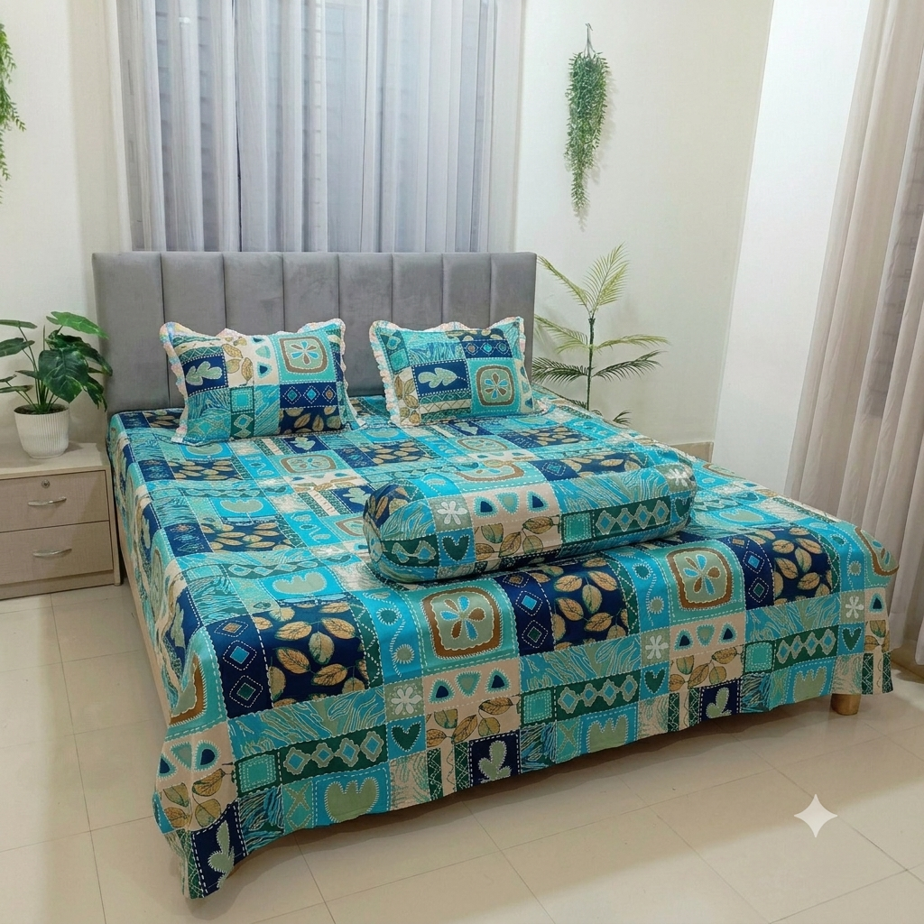 Blue Patchwork Dream Premium Cotton Bedsheet Set with Lace Pillow Covers (06)