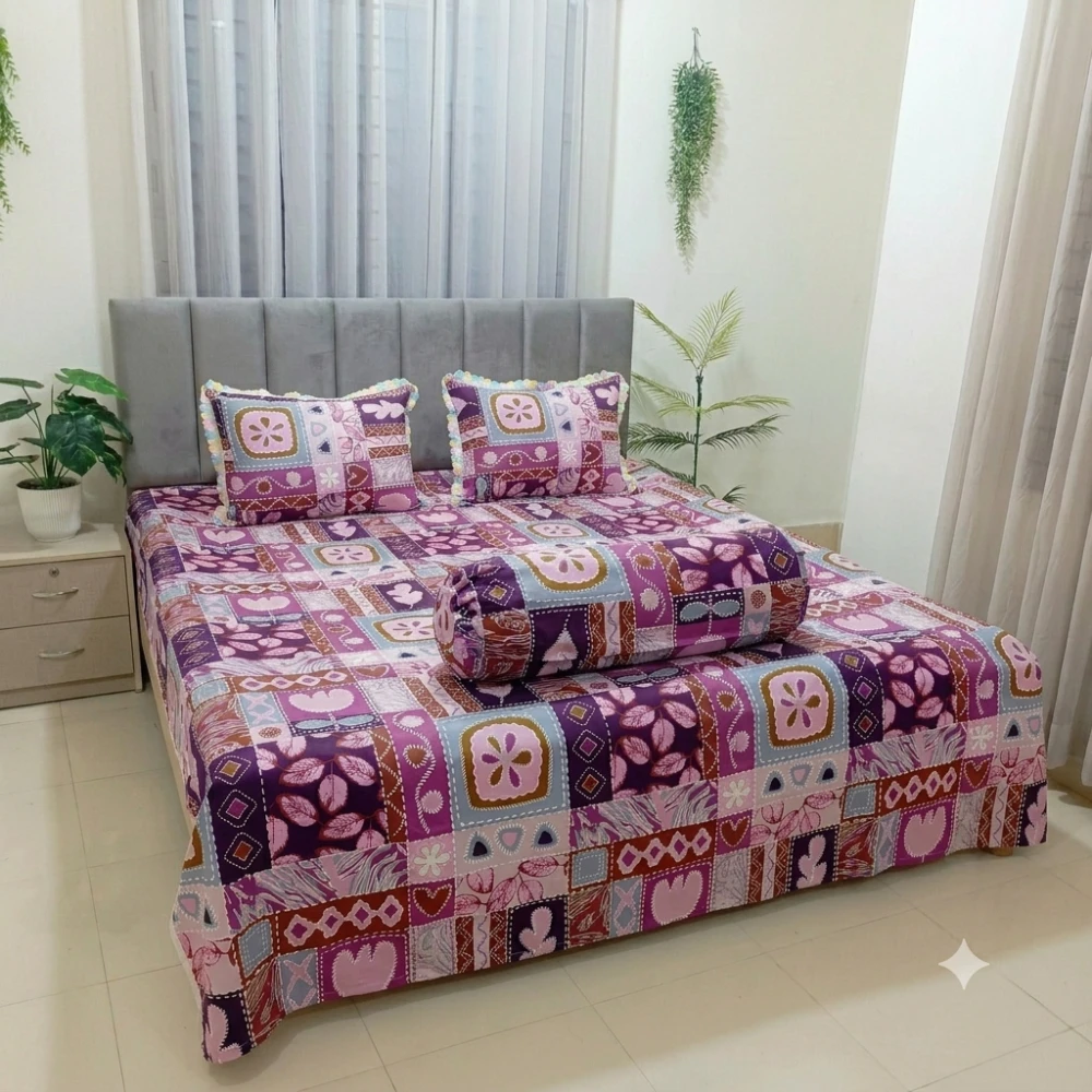 Purple Patchwork Dream Premium Cotton Bedsheet Set with Lace Pillow Covers (07)