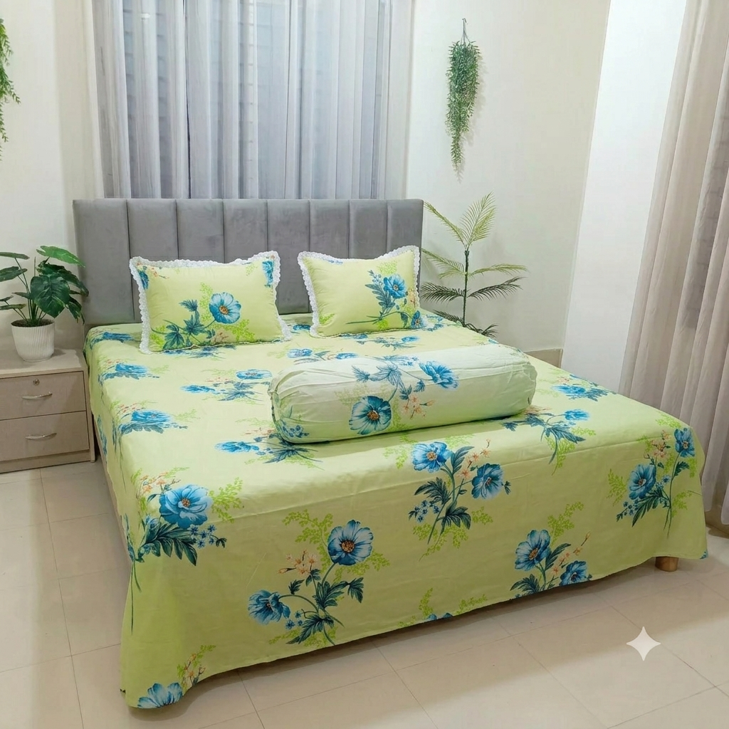 Fresh Pistachio Floral  Premium Cotton Bedsheet Set with Lace Pillow Covers (65)