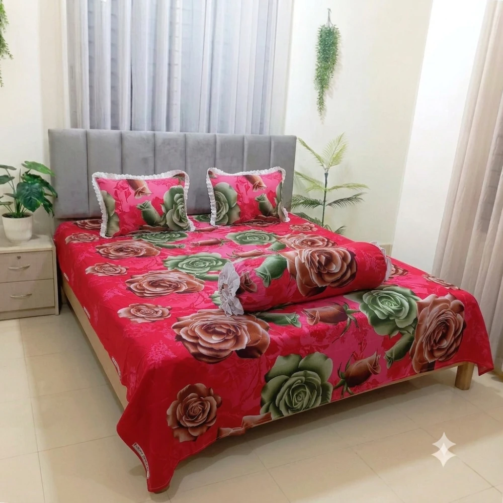 Ruby Green Rosette Premium Cotton Bedsheet Set with Lace Pillow Covers (08)