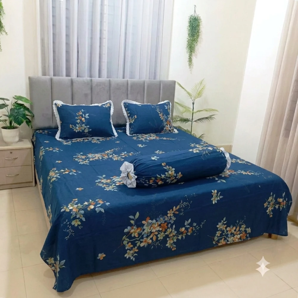 Midnight Blossom Cotton Bedsheet with Lace Pillow Covers (09)