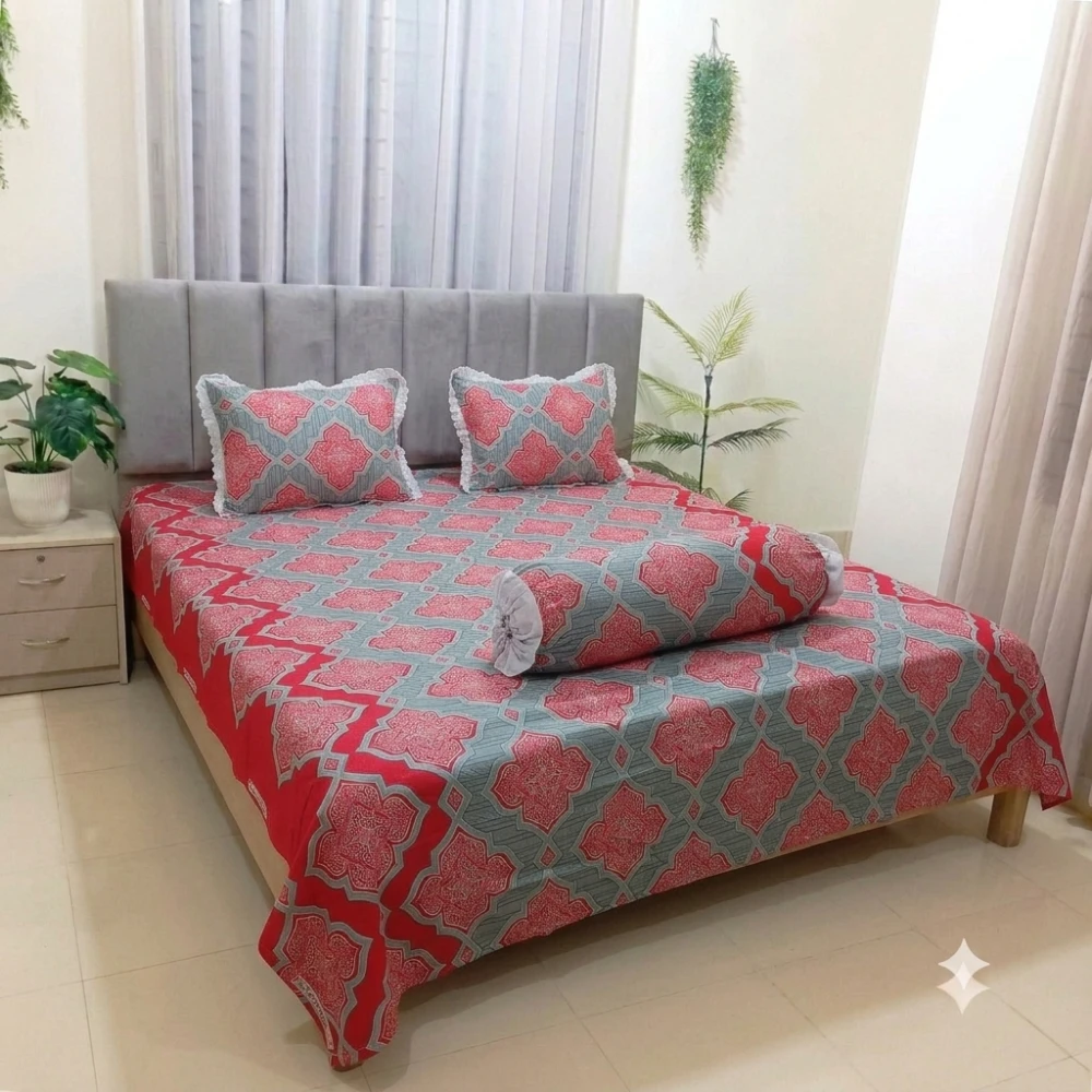 Royal Coral Medallion Cotton Bedsheet with Lace Pillow Covers (11)