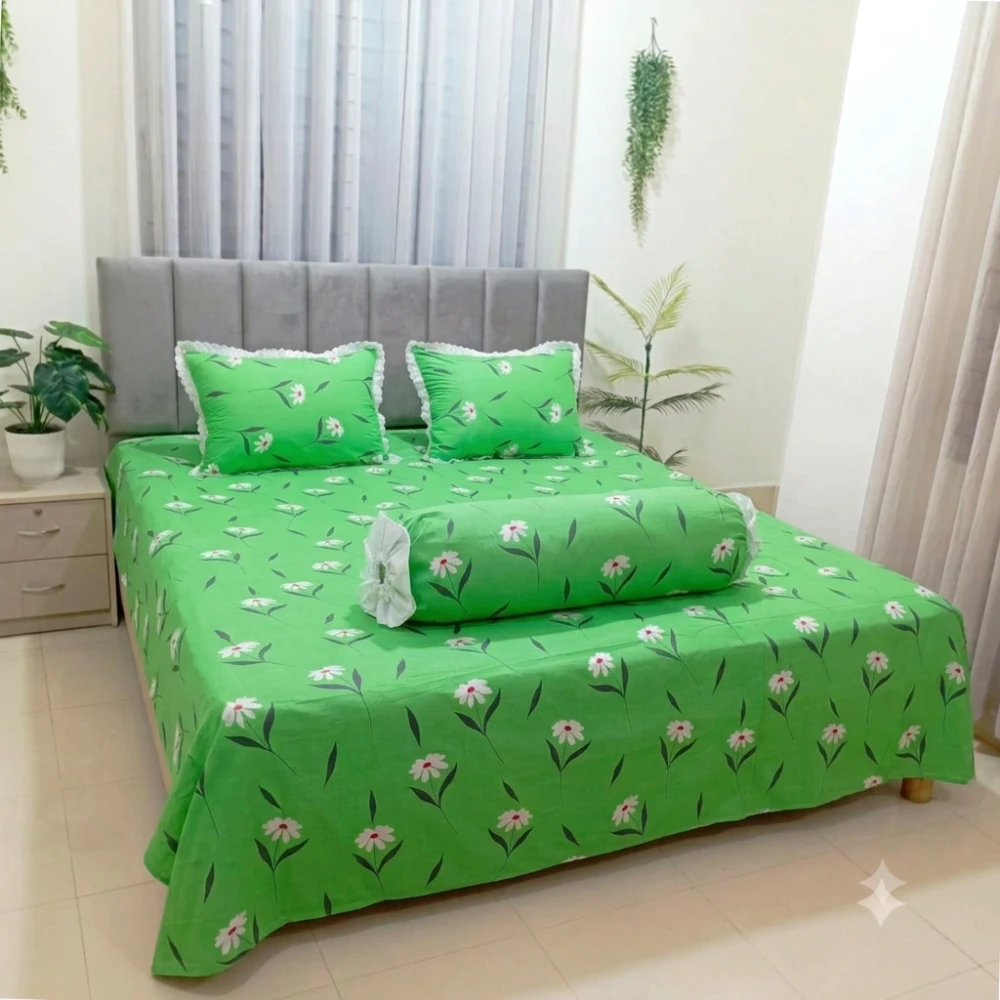 Fresh Green Floral Print Premium Bedsheet Set with Lace Pillow Covers (58)