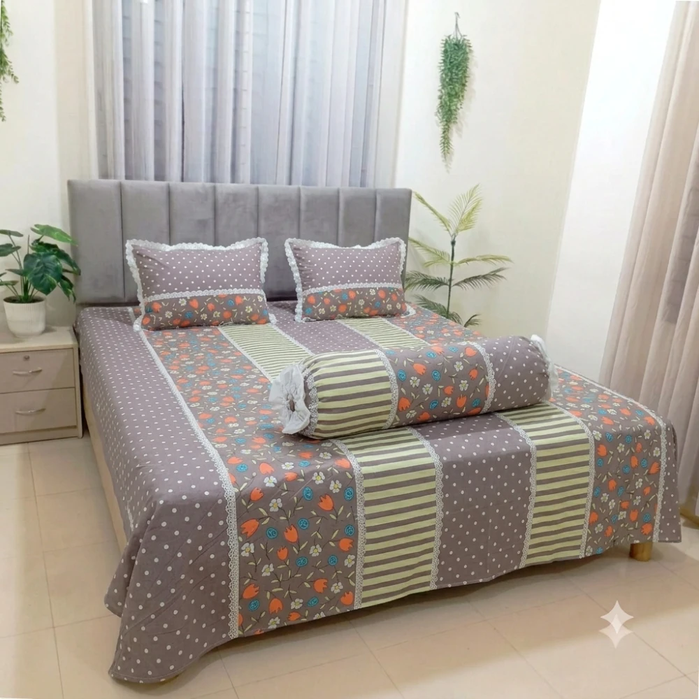 Taupe Brown Stripe Floral Premium Cotton Bedsheet Set with Lace Pillow Covers (56)