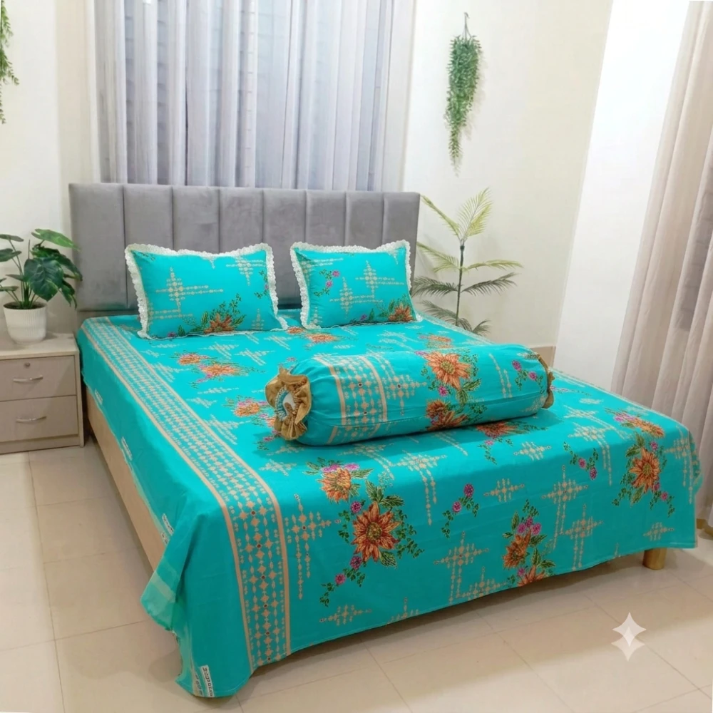 Teal Bright Blossom Premium Cotton Bedsheet Set with Lace Pillow Covers (51)