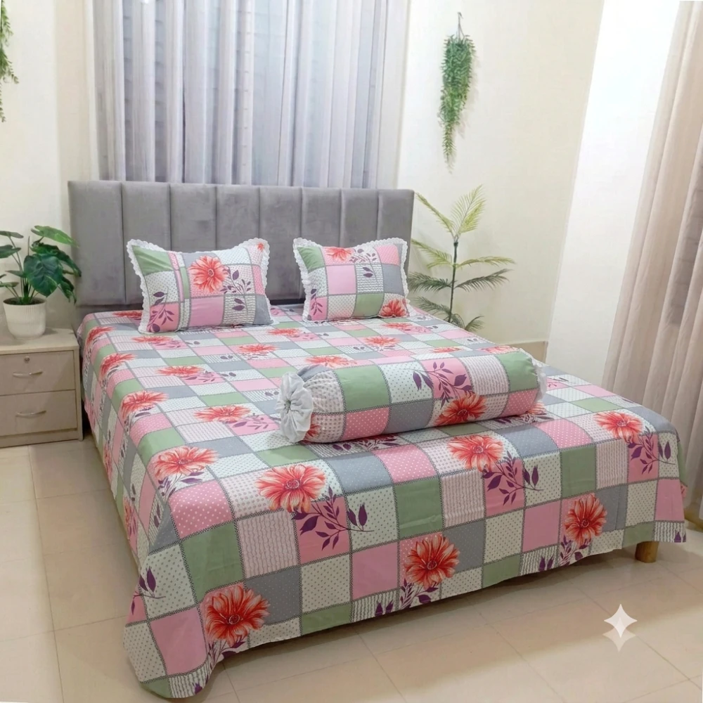 Pastel Floral Cotton Bedsheet Set with Lace Pillow Covers (60)