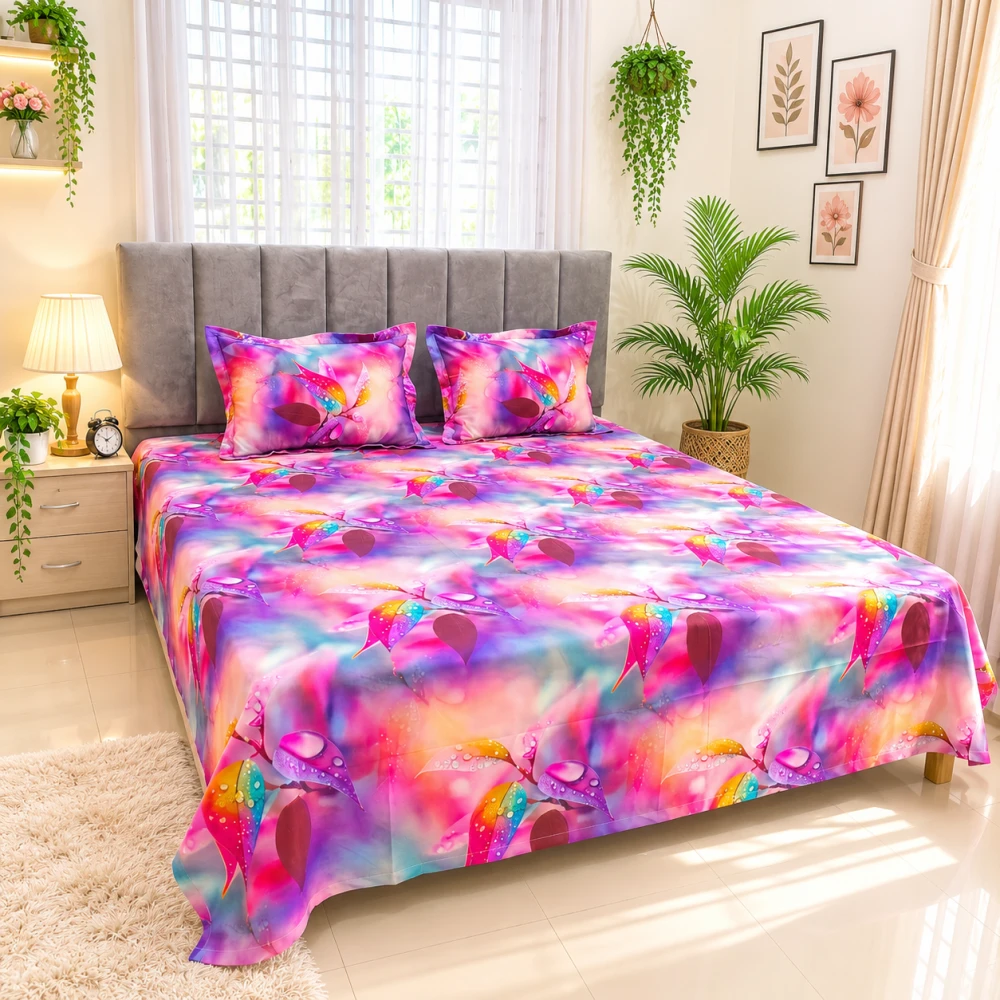 Magical Purple Dew Digital Printed Super Twill Cotton King Size Bedsheet with 2 Pcs Pillow Covers
