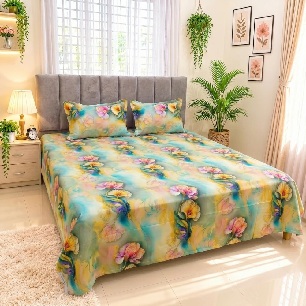 Enchanting Pastel Bloom Digital Printed Super Twill Cotton King Size Bedsheet with 2 Pcs Pillow Covers