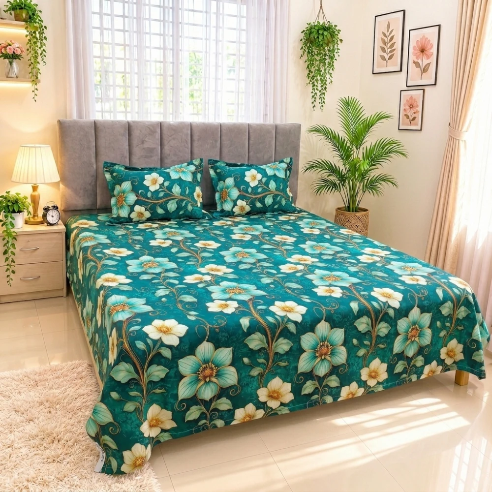 Teal Floral Elegance Digital Printed Super Twill Cotton King Size Bedsheet with 2 Pcs Pillow Covers