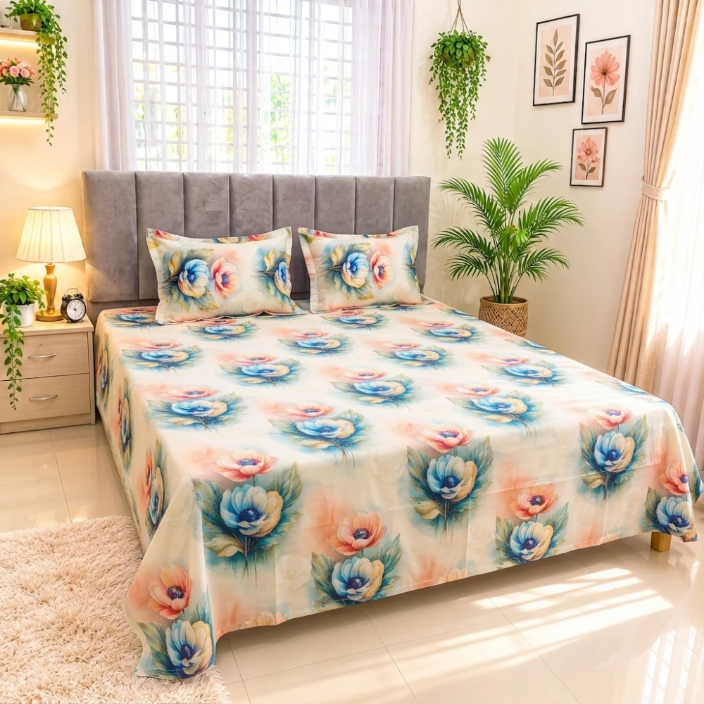 Pastel Blossom Dream Digital Printed Super Twill Cotton King Size Bedsheet with 2 Pcs Pillow Covers