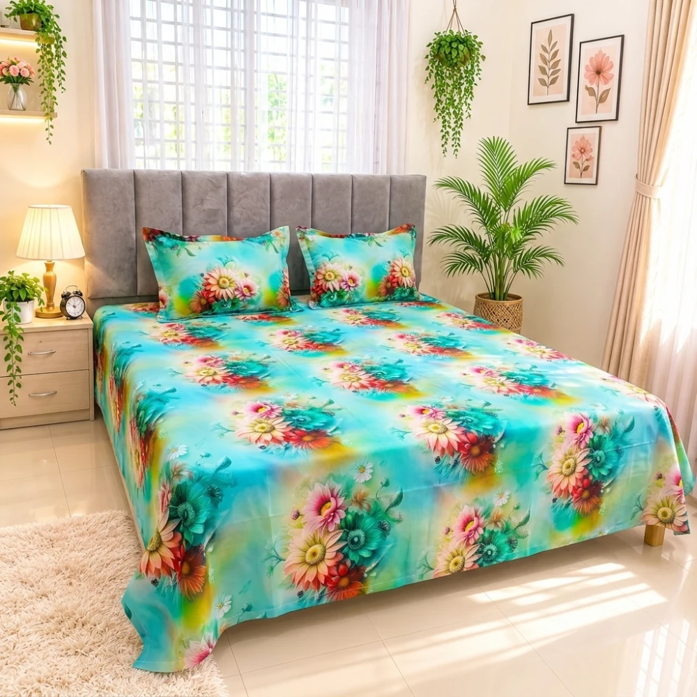 Aqua Floral Dream Digital Printed Super Twill Cotton King Size Bedsheet with 2 Pcs Pillow Covers