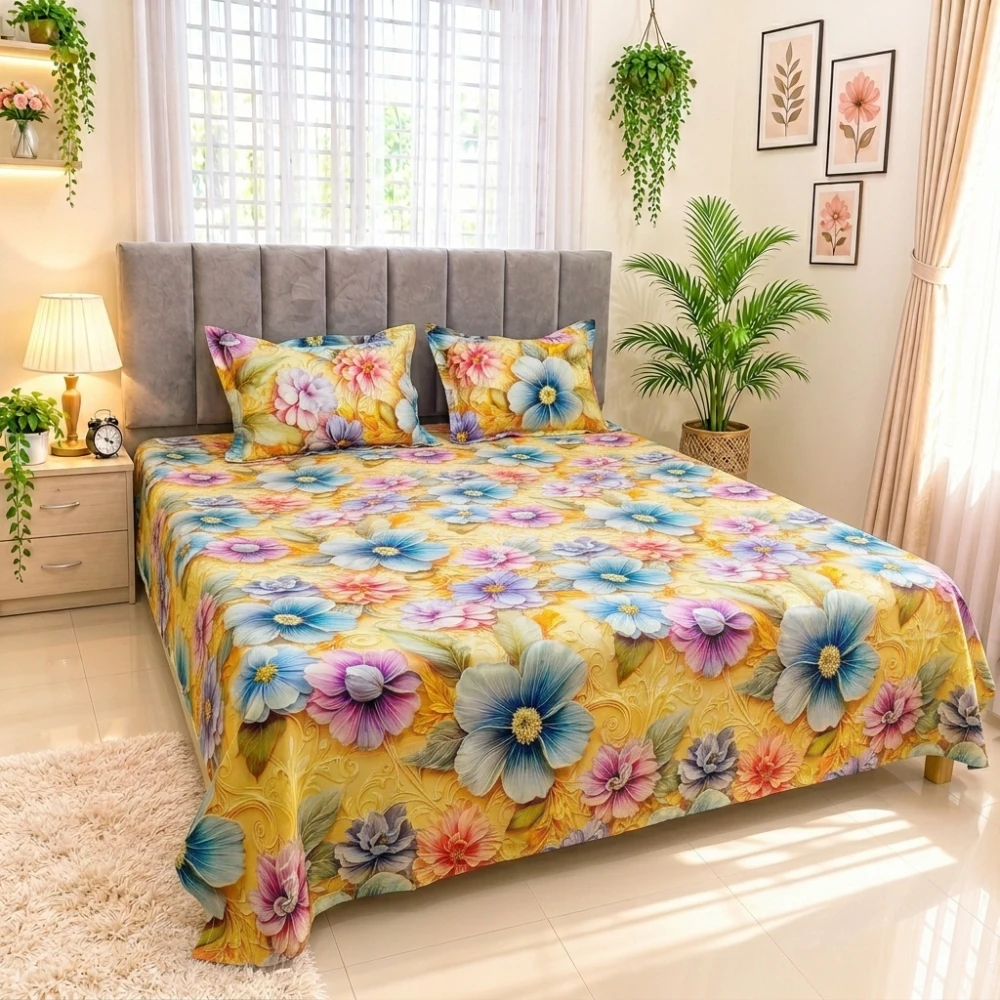 Sunny Blooms Paradise Digital Printed Super Twill Cotton King Size Bedsheet with 2 Pcs Pillow Covers
