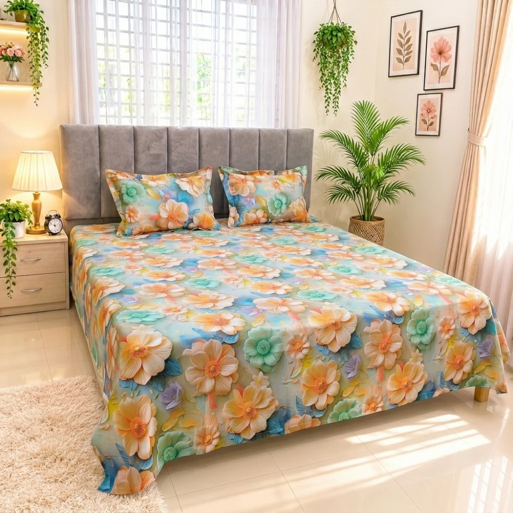 Pastel Sunshine Bloom Digital Printed Super Twill Cotton King Size Bedsheet with 2 Pcs Pillow Covers