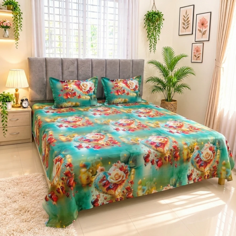 Mythical Green Garden Digital Printed Super Twill Cotton King Size Bedsheet with 2 Pcs Pillow Covers