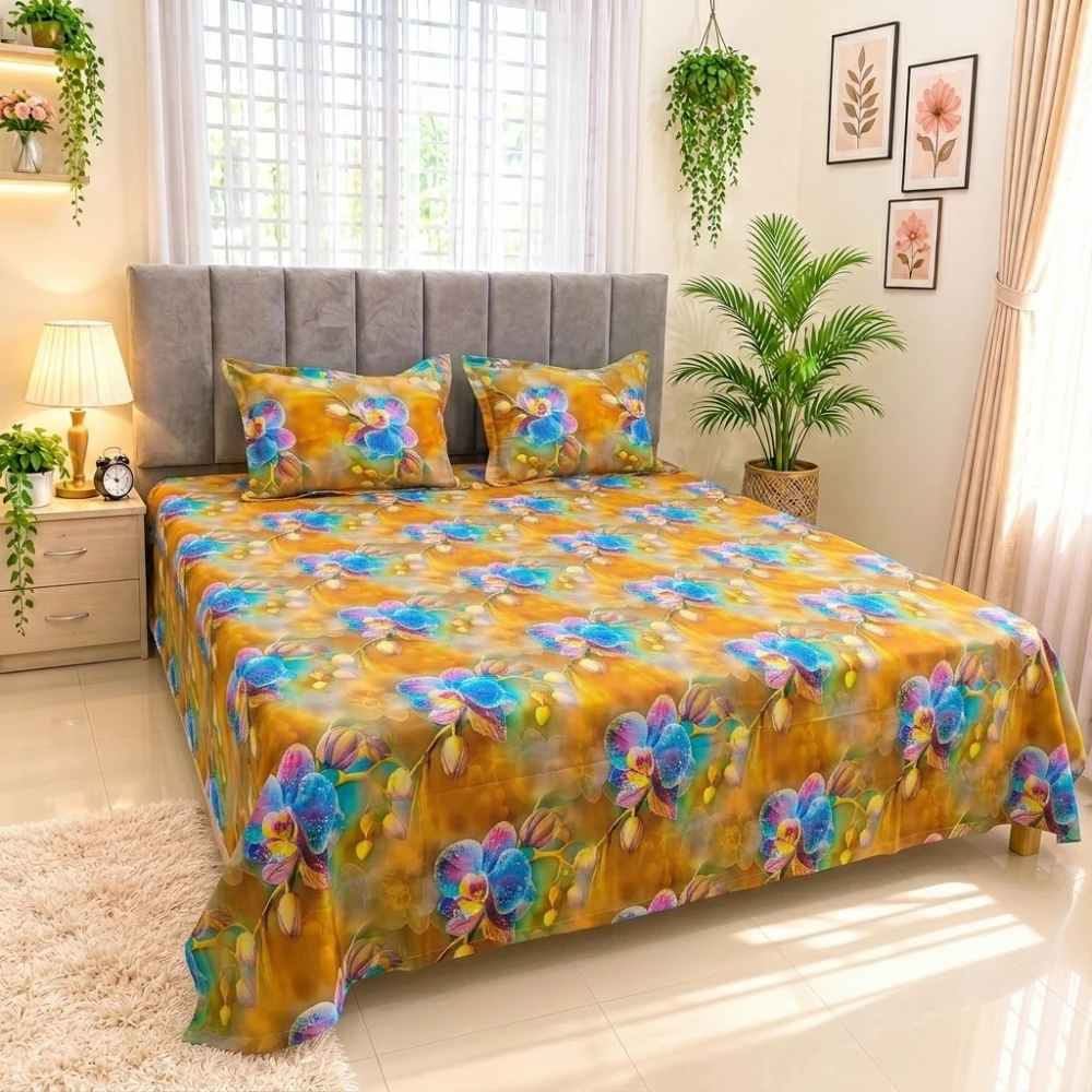 Golden Orchid Dream Digital Printed Super Twill Cotton King Size Bedsheet with 2 Pcs Pillow Covers