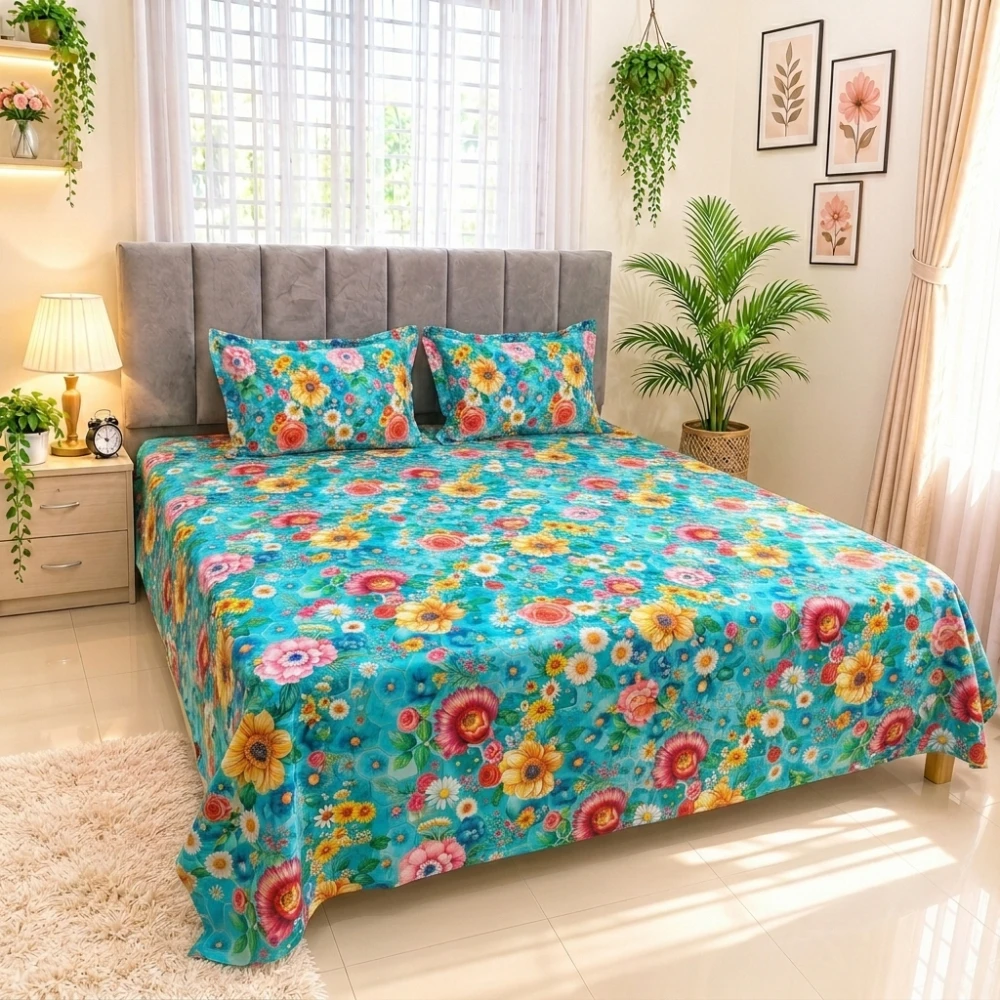 Sky Floral Bloom Digital Printed Super Twill Cotton King Size Bedsheet with 2 Pcs Pillow Covers