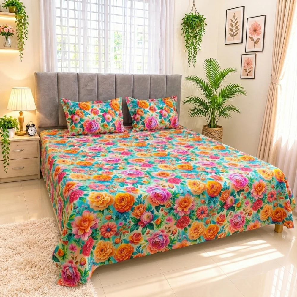 Multi-print Garden Dream Digital Printed Super Twill Cotton King Size Bedsheet with 2 Pcs Pillow Covers