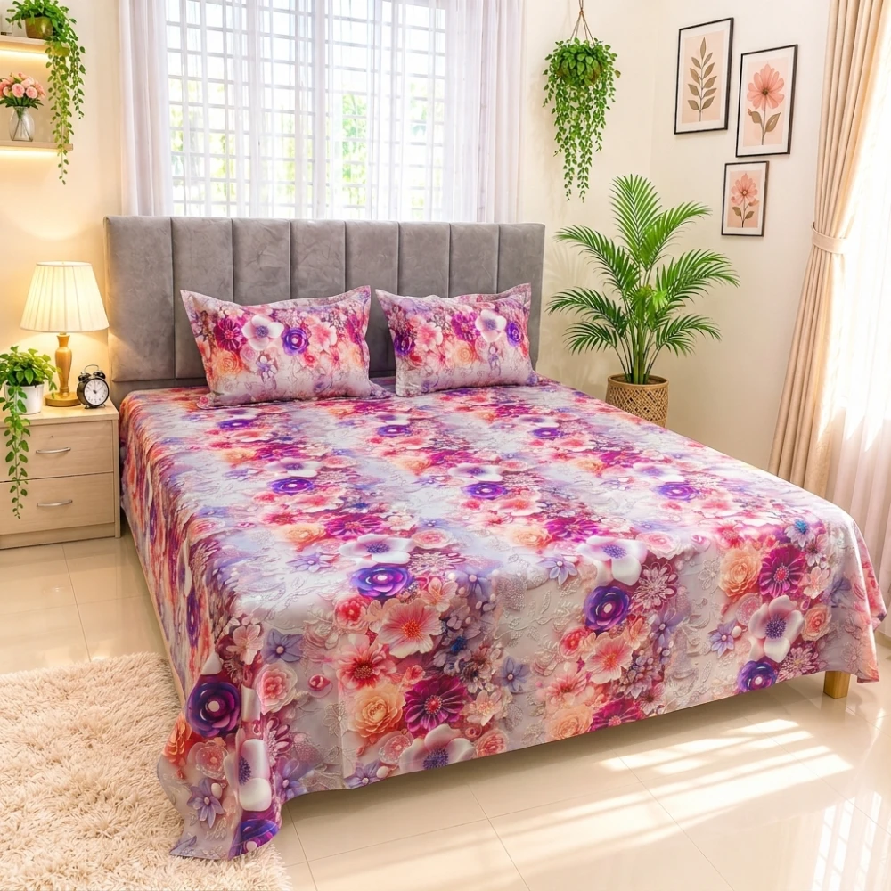 Purple Mystic Bloom Digital Printed Super Twill Cotton King Size Bedsheet with 2 Pcs Pillow Covers