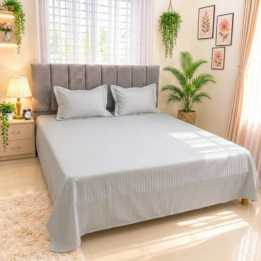 Ice Blue Luxury Dobby Satin Striped Super King Size Bed Sheet Set (02)