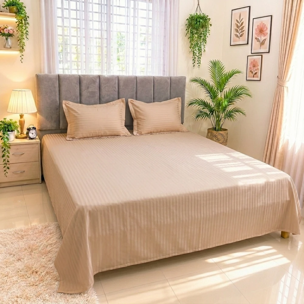 Wood Color Luxury Dobby Satin Striped Super King Size Bed Sheet Set (03)