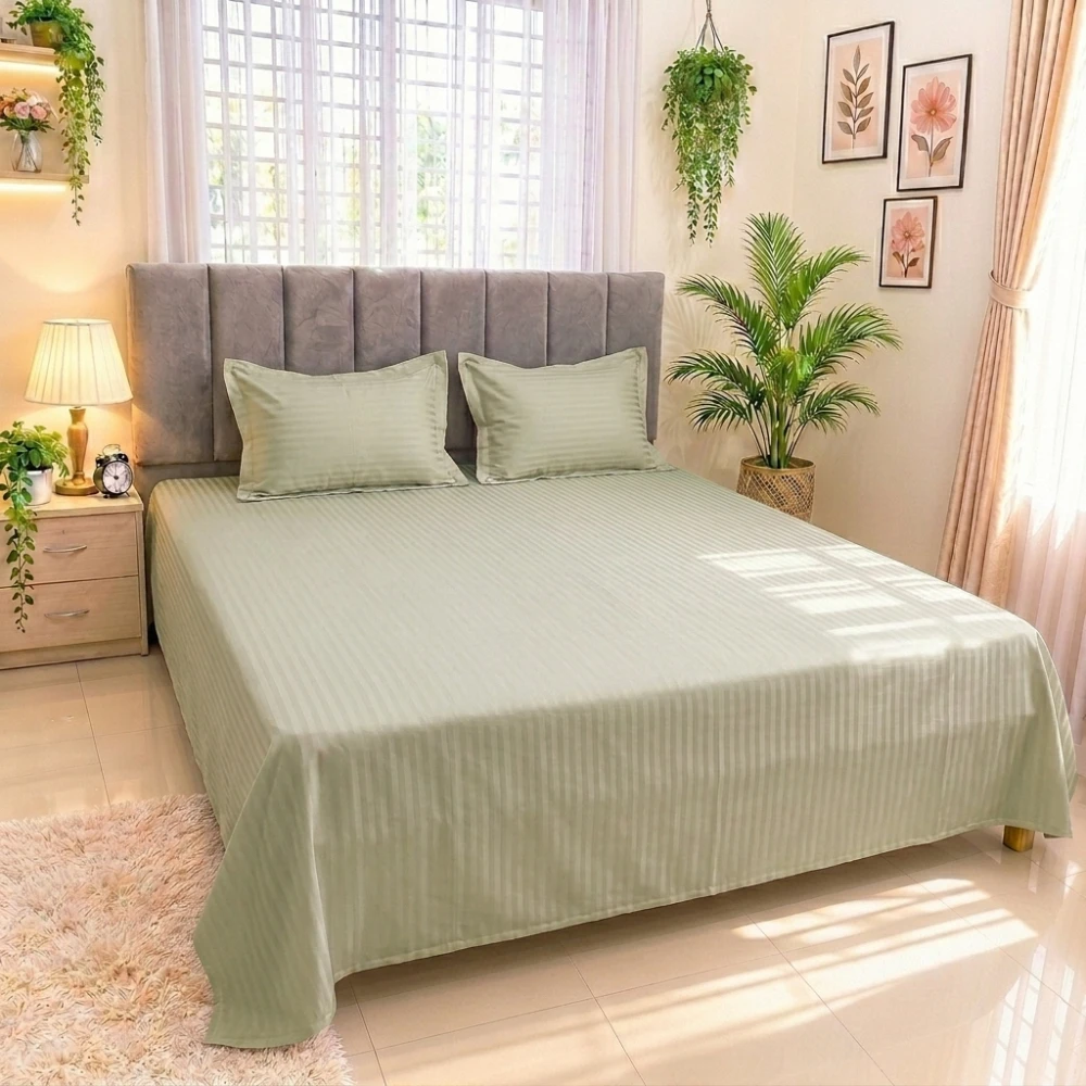 Sage Green Luxury Dobby Satin Striped Super King Size Bed Sheet Set (04)