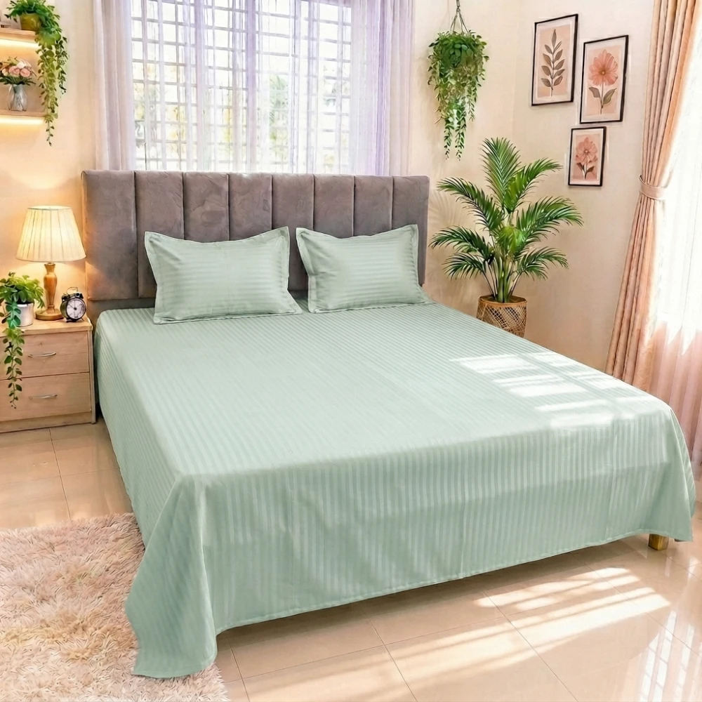 Pastel Aqua Luxury Dobby Satin Striped Super King Size Bed Sheet Set (05)