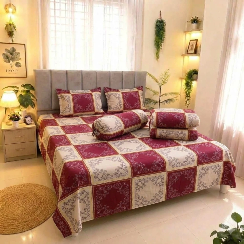 Premium Maroon Royal Checkers King Size 5PCS Comforter Set | PQCF-1664