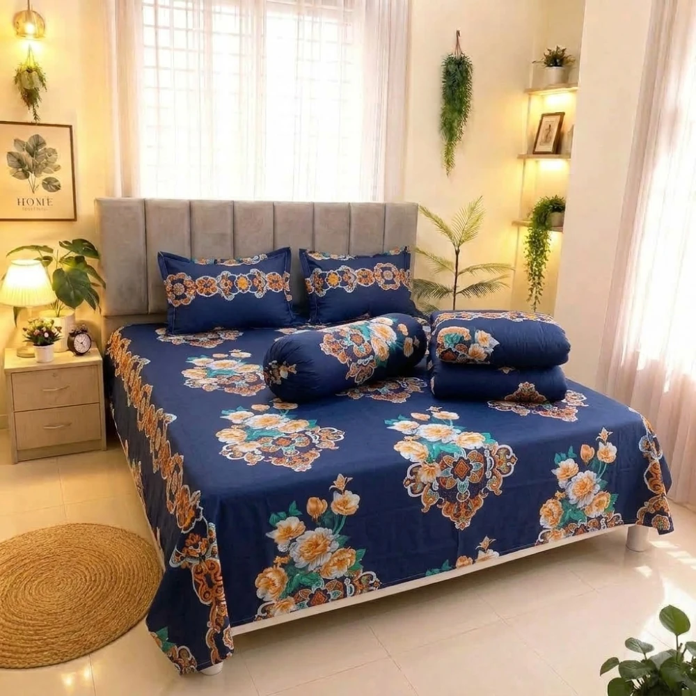 Premium Royal Navy Bloom King Size 5PCS Comforter Set | PQCF-1661