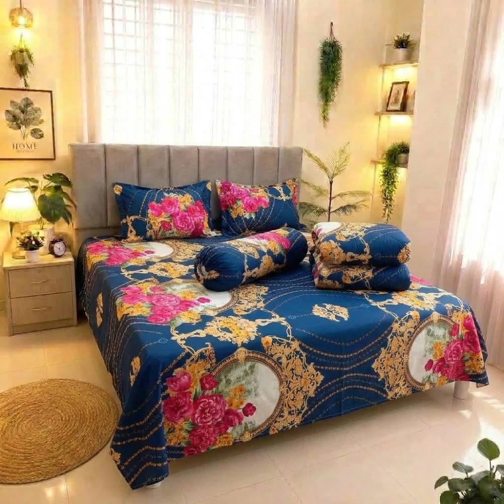 Premium Royal Baroque Blue Luxury King Size 5PCS Comforter Set | PQCF-1650