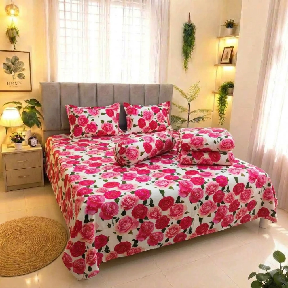 Premium Romantic Pink Rose Garden King Size 5PCS Comforter Set | PQCF-1667