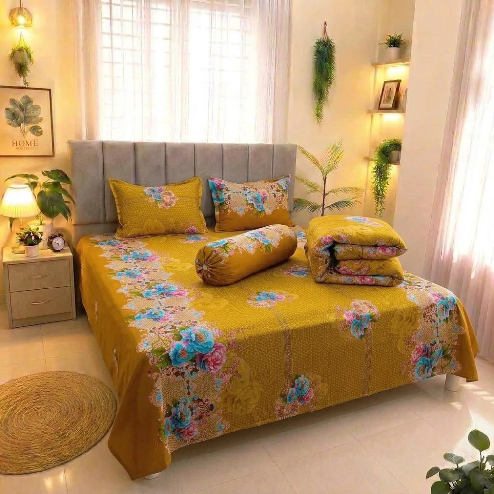 Premium Golden Sunshine Floral King Size 5PCS Comforter Set | PQCF-1668