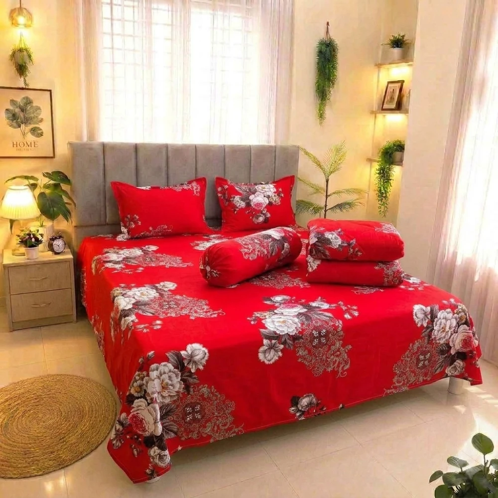 Premium Versailles Crimson Red Bloom  King Size 5PCS Comforter Set | PQCF-1669