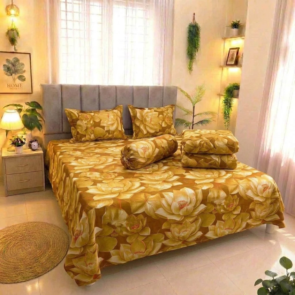 Premium Golden Lotus Luxury King Size 5PCS Comforter Set | PQCF-1670