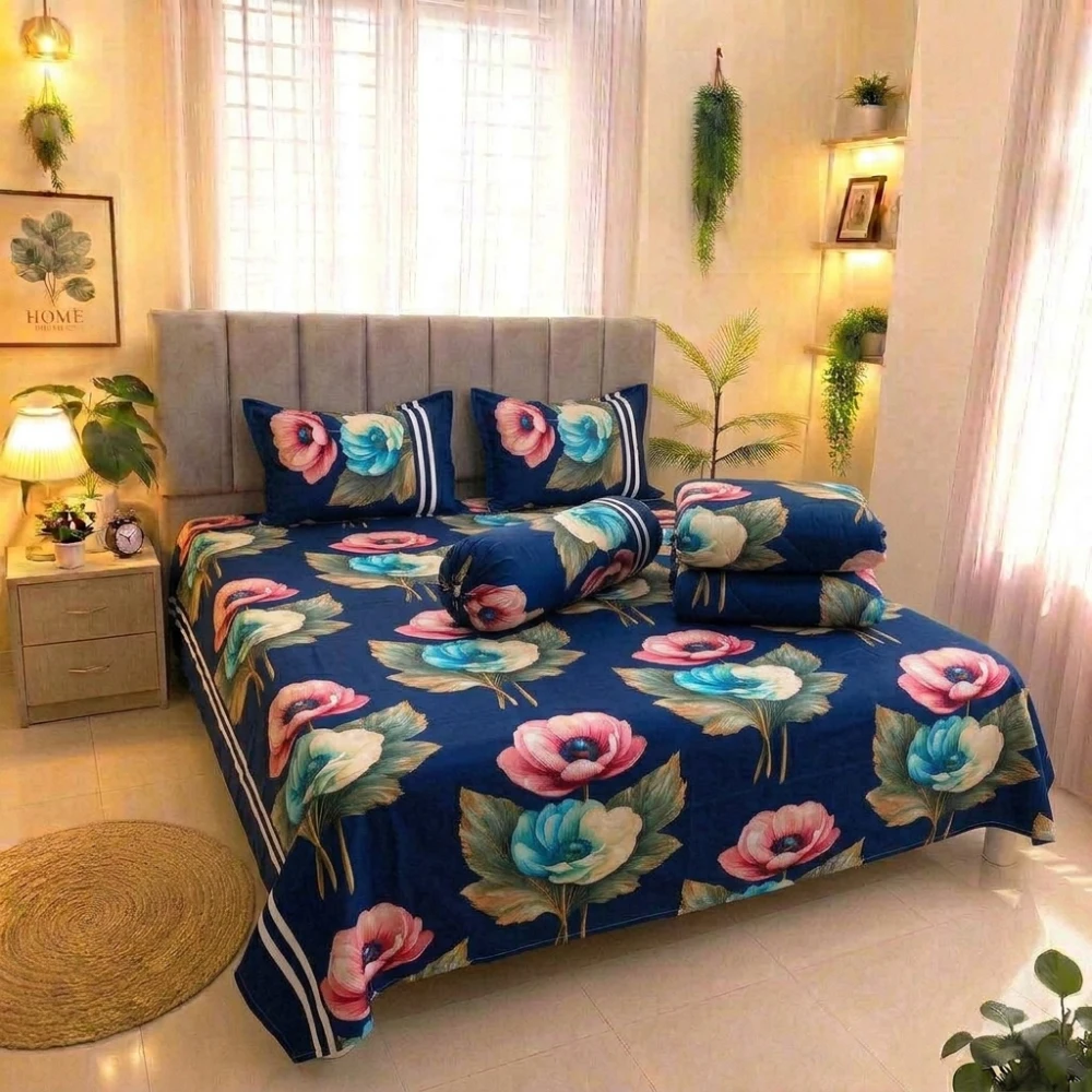 Premium Royal Navy Poppy Bloom King Size 5PCS Comforter Set | PQCF-1673