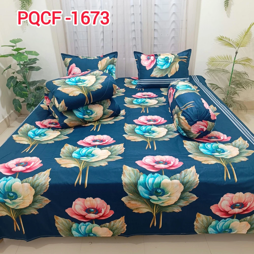 Premium Royal Navy Poppy Bloom King Size 5PCS Comforter Set | PQCF-1673