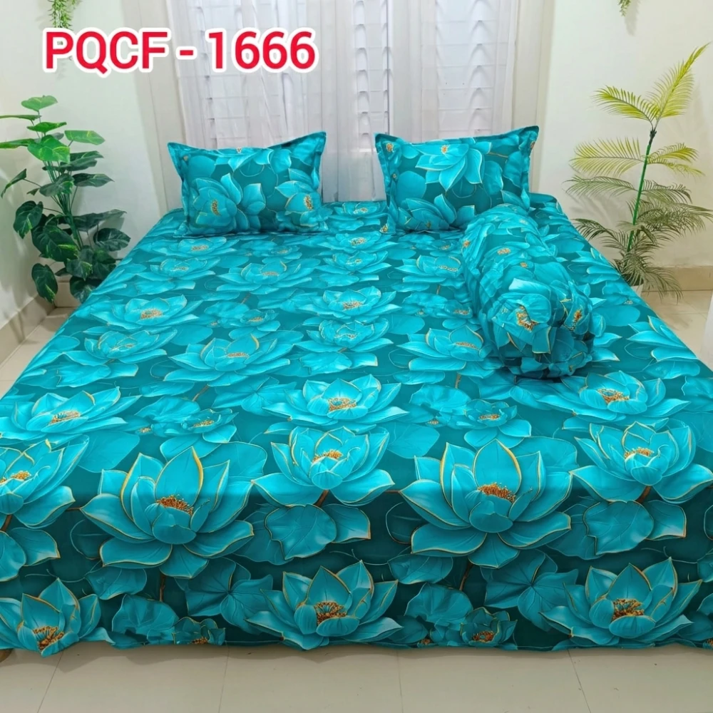 Premium Teal Lotus Floral Bedsheet Set