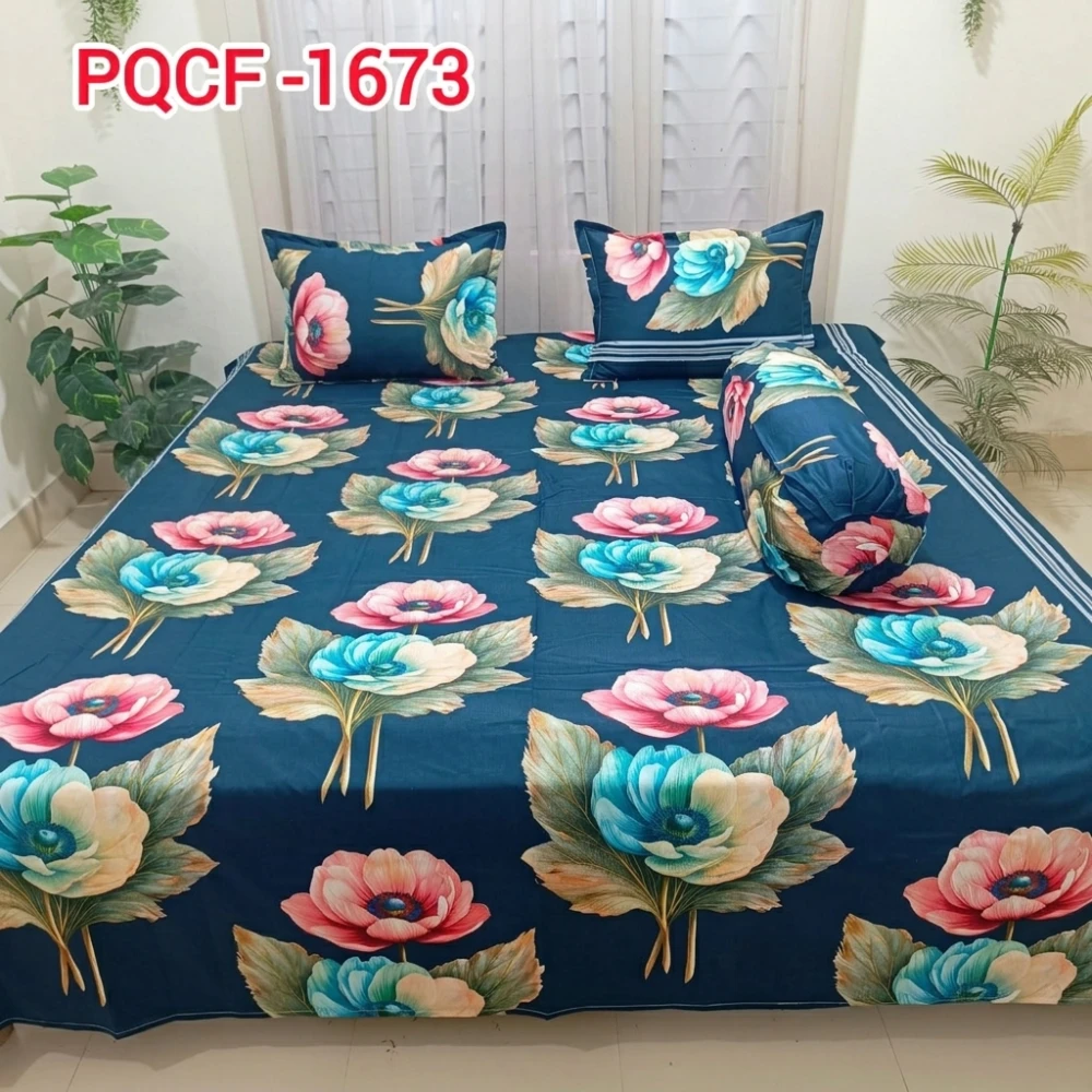 Premium Teal Blue Floral Bedsheet Set