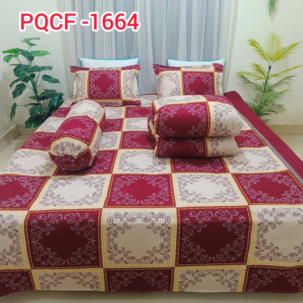 Premium Maroon & Cream Grid Luxury King Size 5PCS Comforter Set